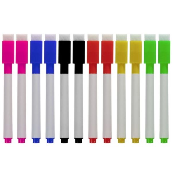 Whiteboard Marker trocken abwischbar inkl. Schwamm im 12er Set in 6 Farben