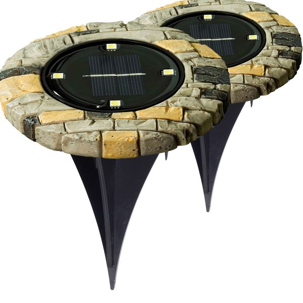 LED Bodenleuchten mit Solarfunktion, rund, 2er Set, Stone