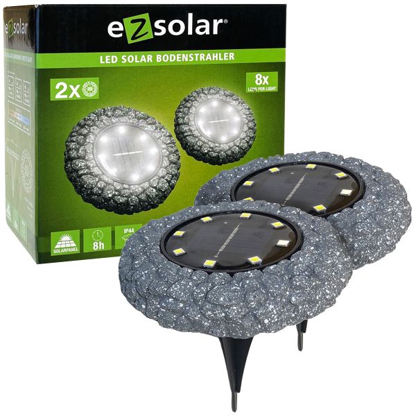 Solar Bodenleuchten rund Granit-Design 2er Set je 8 LED